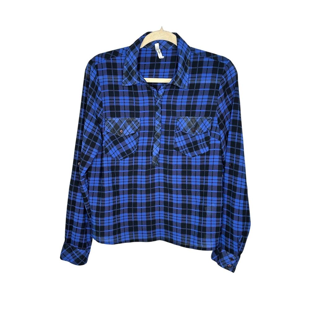 Live 4 Truth Plaid Button Down Shirt Women L Blue Black Roll Tab Long Sleeve EUC